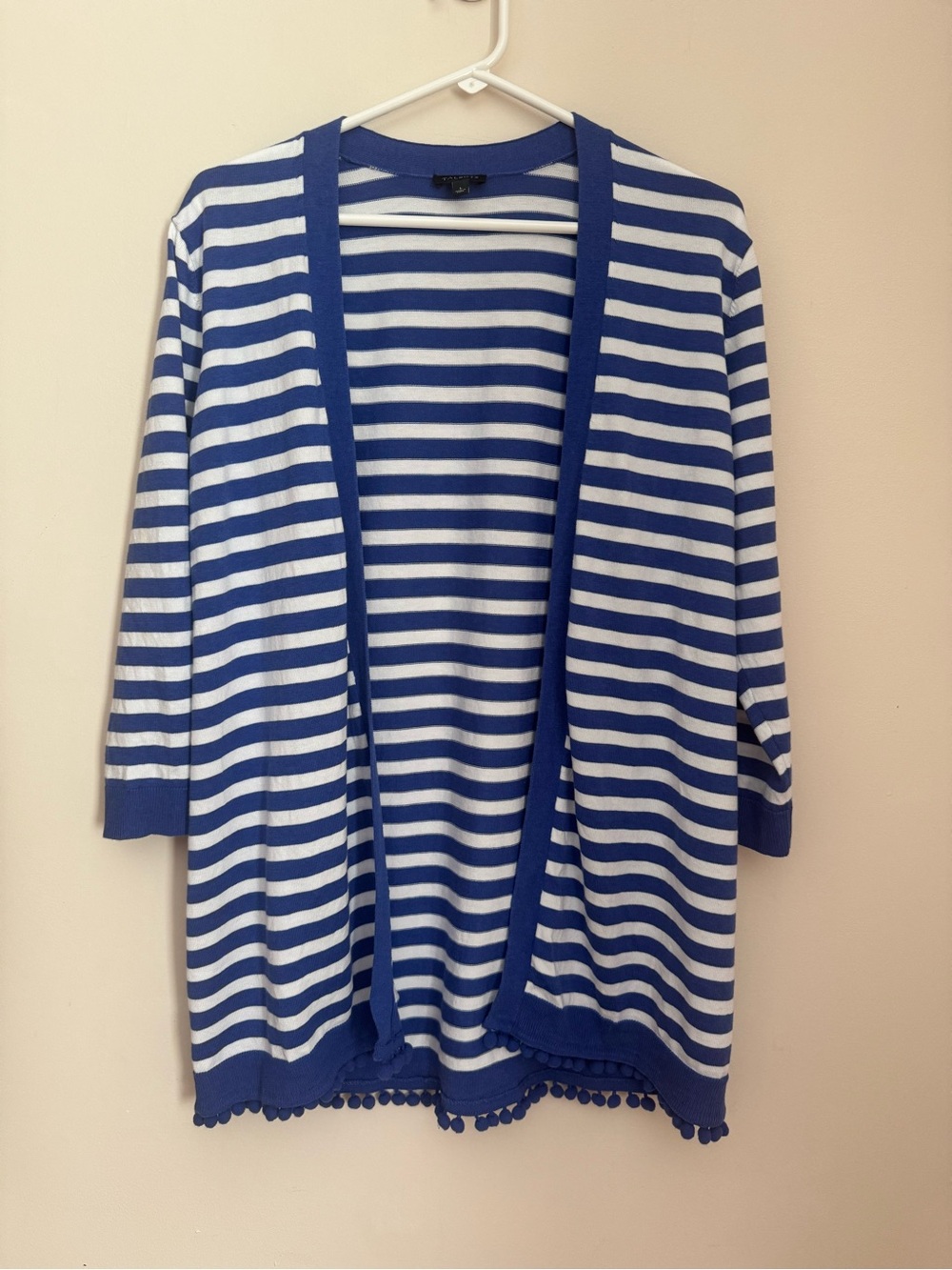 Talbots Natalie Stripe Cardigan Women’s Size Large Blue White Pom Pom Trim - Picture 2 of 5